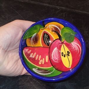 Vintage Folk Art Terracota Mexican Glazed Pottery Fruit  Bowl Footed